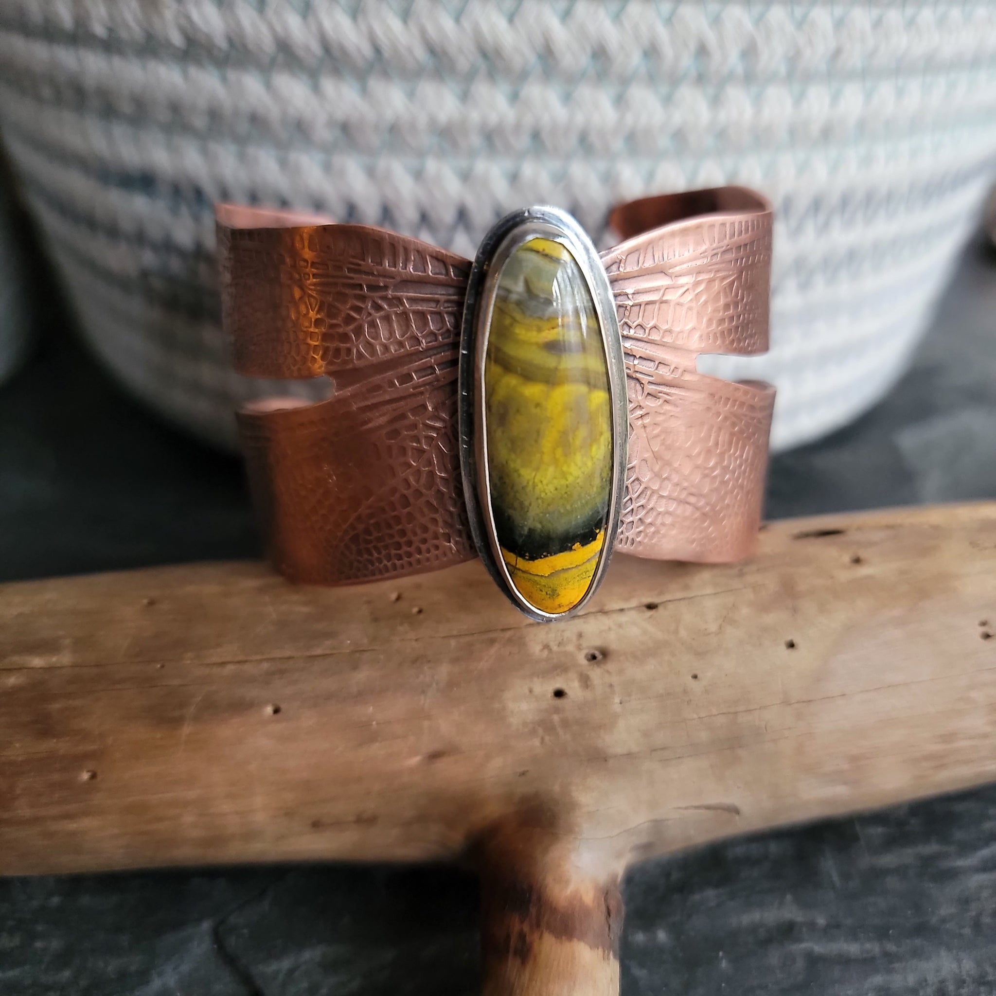 Copper Dragonfly Cuff with Bumble Bee Jasper