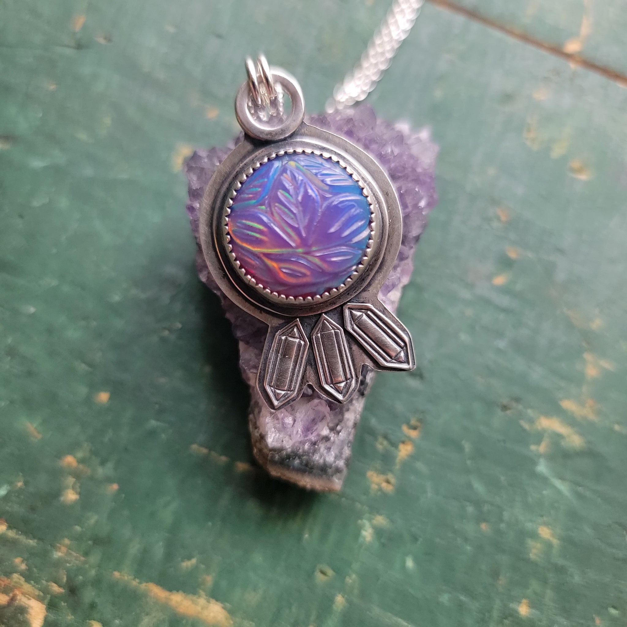 Carved Opal Crystal Motif Pendant in Sterling Silver