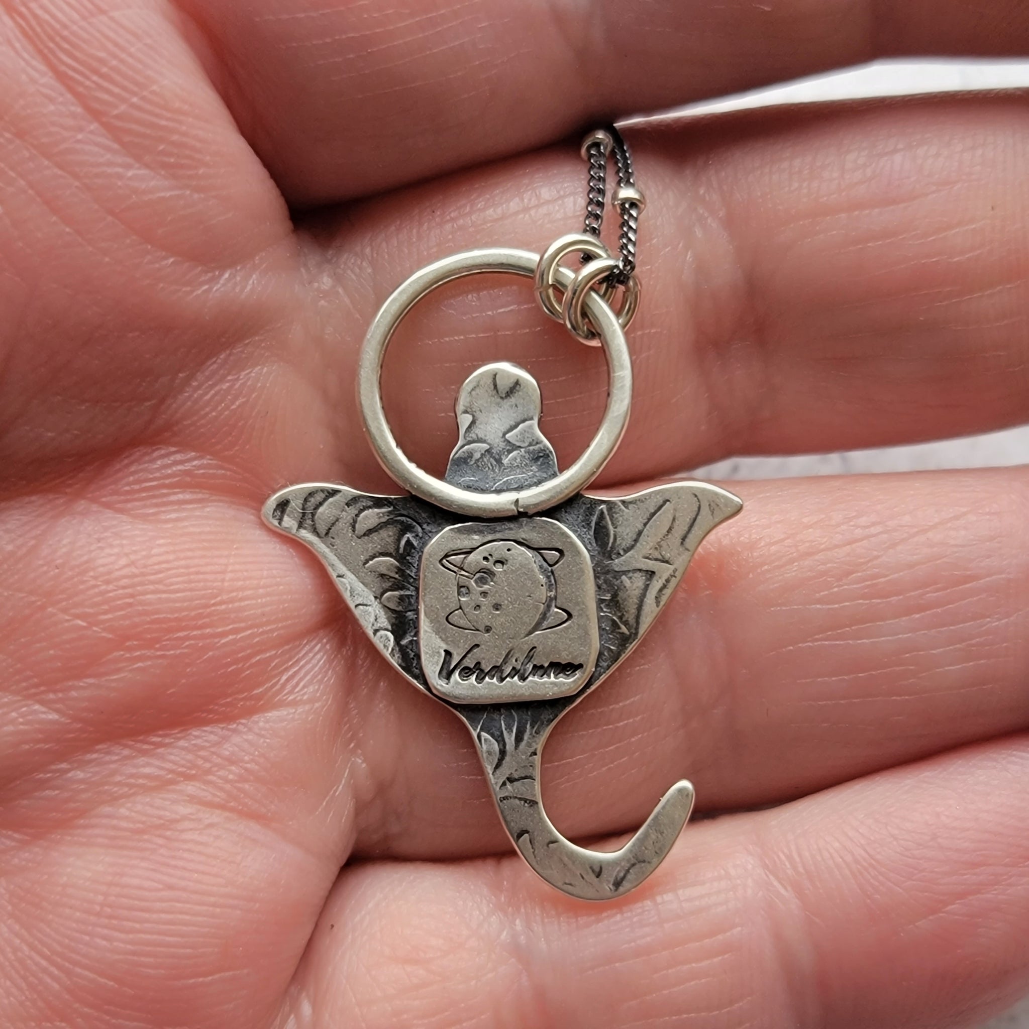 Celestial Manta Ray Pendant in Sterling Silver Silver with Black Opal