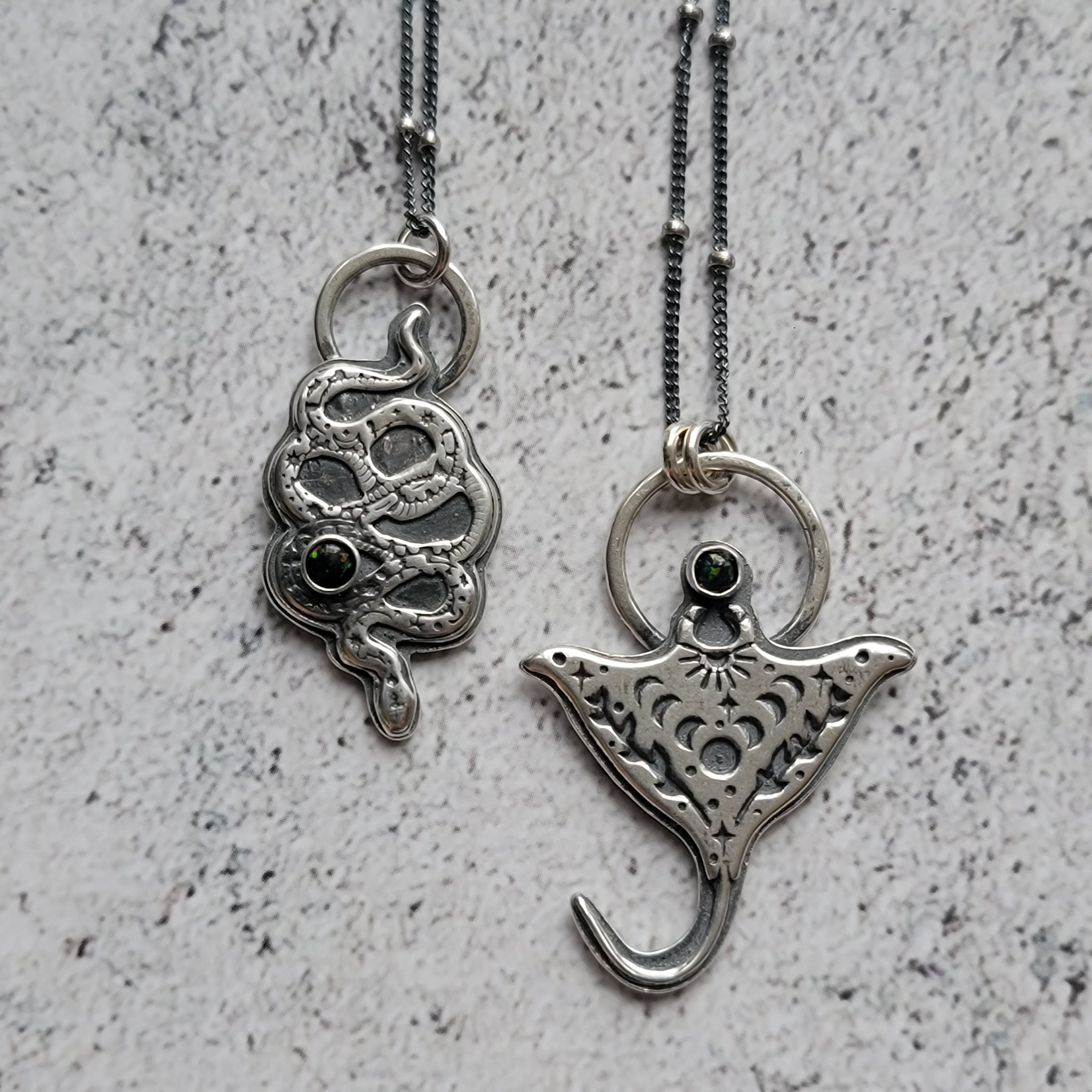 Celestial Garden Snake Pendant in Sterling Silver Silver with Black Opal