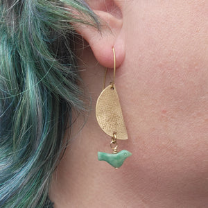 Textured Brass & Carved Aventurine Bird Earrings