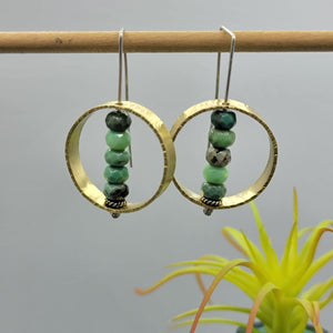 Ellipse Earrings in Hammered Brass & Green Chrysocolla