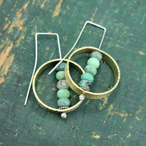 Ellipse Earrings in Hammered Brass & Green Chrysocolla