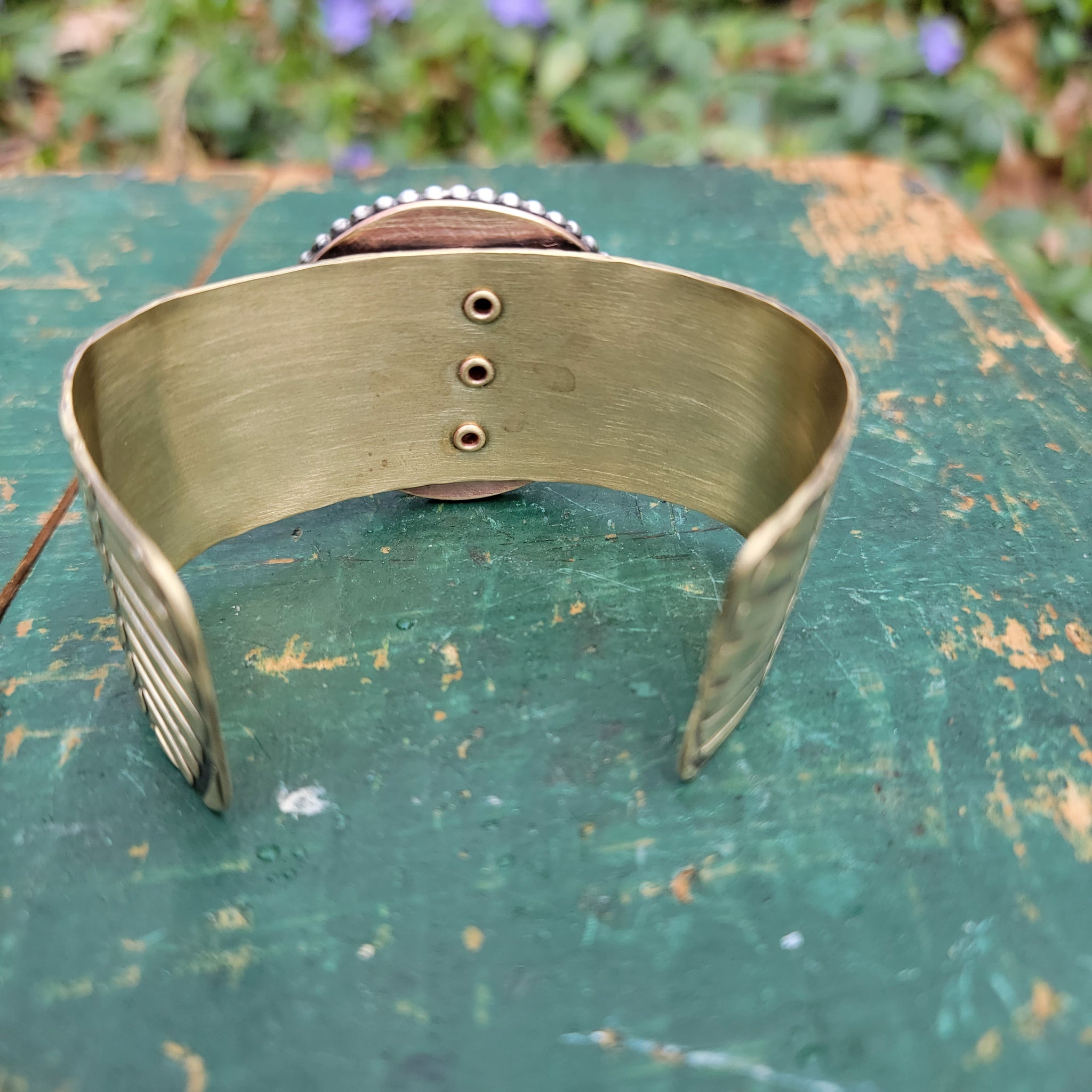 Green Wood Grain Ceramic Cab Statement Cuff Bracelets in Brass