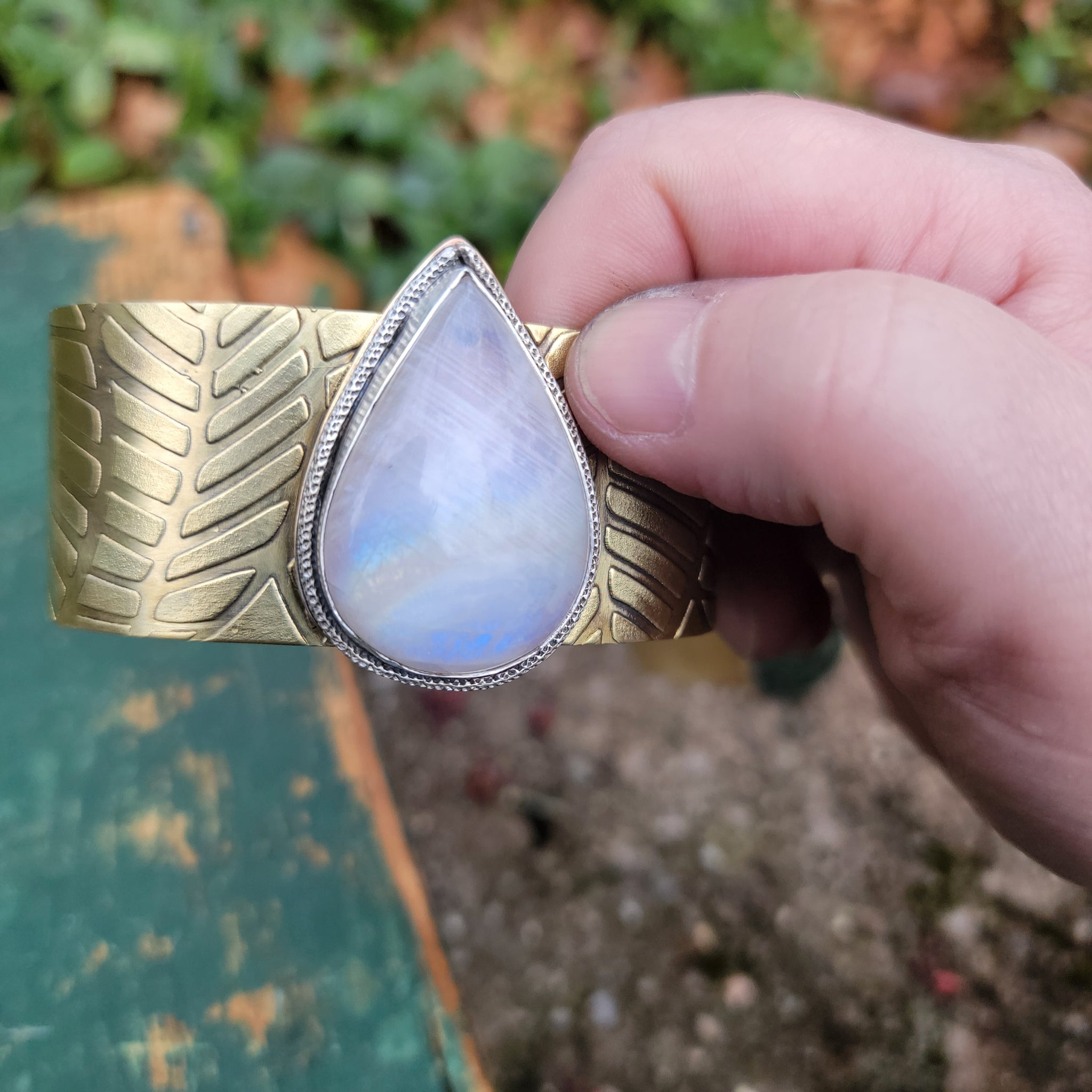 Rainbow Moonstone Statement Cuff Bracelet in Sterling Silver & Brass