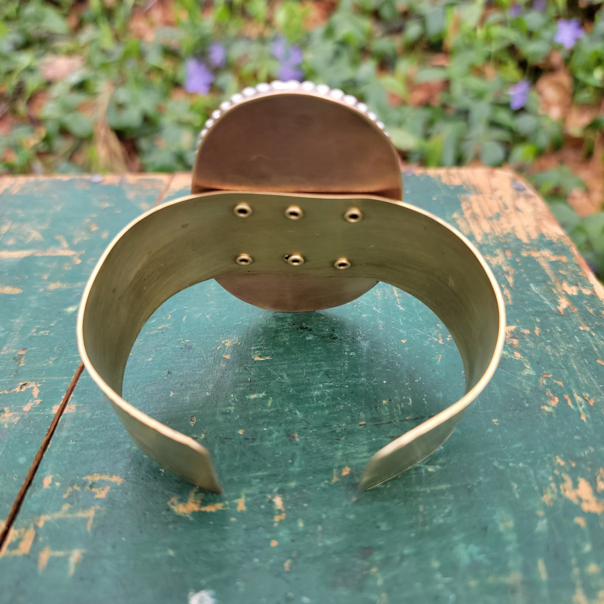 Green Wood Grain Ceramic Cab Statement Cuff Bracelets in Brass
