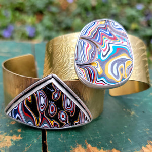 Unisex Fordite Statement Cuff Bracelets in Brass