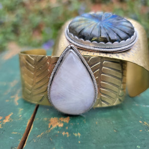 Rainbow Moonstone Statement Cuff Bracelet in Sterling Silver & Brass