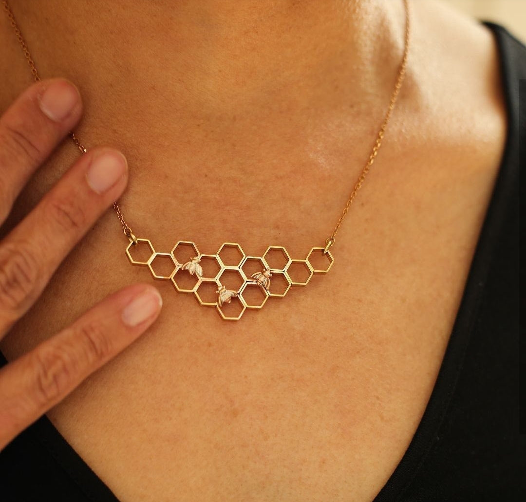 Copper Honeycomb Necklace with Honeybee